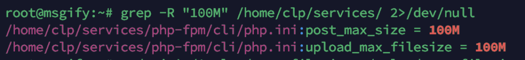 CloudPanel terminal output showing phpMyAdmin upload limit configuration found in CloudPanel PHP-FPM service files