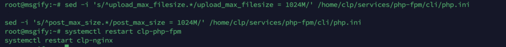 Terminal commands used to fix phpMyAdmin 100MB upload limit in CloudPanel